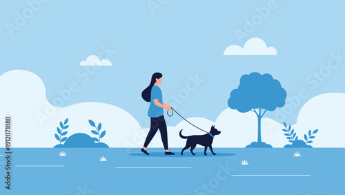 Young woman walking her black dog on a leash through a peaceful blue park during a sunny afternoon for exercise.