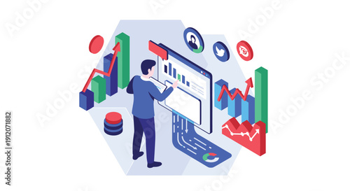 An isometric illustration of a data analyst working on a digital dashboard, monitoring business performance and social media metrics.