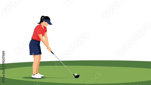 Professional female golfer in red shirt and visor swinging a golf club on a green field during a sunny sports match.