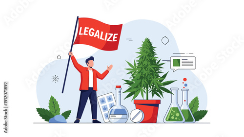 Activist holding a legalize flag while standing next to a large cannabis plant and scientific lab equipment for medical research.