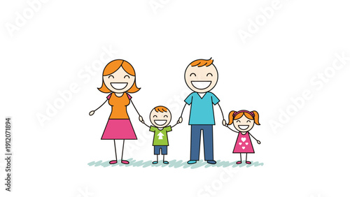 Cheerful stick figure family of four holds hands and smiles brightly, symbolizing love, unity, and happiness together.