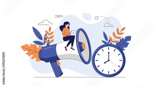 Marketing professional sitting on a giant megaphone and working on a laptop while managing time with a large clock.