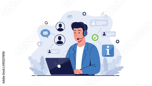 Customer support representative wearing headset works on laptop surrounded by communication icons representing help desk services.