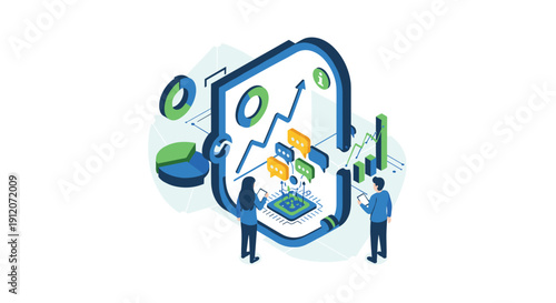 An isometric illustration of a team working with a secure data analytics platform, symbolized by a shield protecting a rising financial graph.