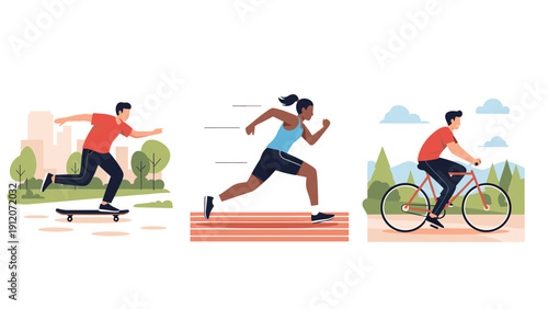 Series of illustrations showing people engaged in outdoor activities like skateboarding, running on a track, and cycling in nature.