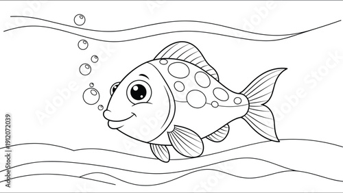 Cute spotted fish swims peacefully underwater while blowing bubbles in this simple black and white coloring page illustration.