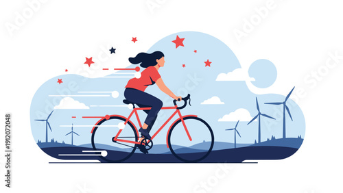 Energetic woman riding bicycle at high speed through landscape with wind turbines and stars symbolizing green energy and motion.