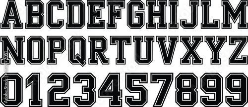 Complete Varsity Alphabet and Number Vector Set Featuring Black Collegiate Block Lettering with Grey Accents and Double Outlines for Athletic Team Branding