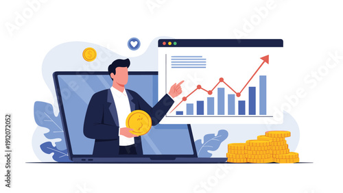 Professional businessman appearing from laptop screen pointing at financial growth chart with stacks of gold coins for online trading.