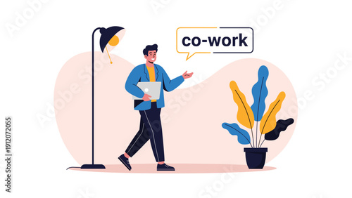 Modern businessman walking with laptop towards speech bubble with co-work text suggesting collaborative office environment.