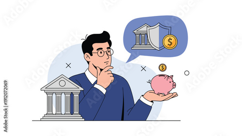 Thoughtful man considering banking options while holding piggy bank with icons for financial security and investment in speech bubble.