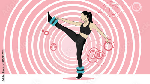 Fit woman exercising with blue ankle weights against decorative pink concentric circles background focusing on core and leg strength.
