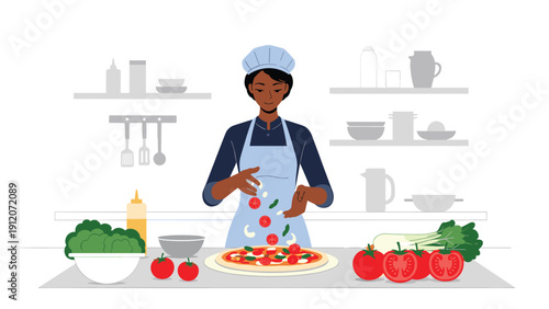 Professional chef in kitchen uniform preparing fresh pizza by sprinkling ingredients over dough on counter with tomatoes and herbs.