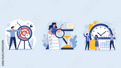 Three panels showing business concepts including goal achievement with archery magnifying glass for time and people celebrating success.