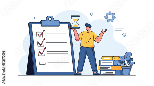 Man holding hourglass standing next to large clipboard with checklist representing task management and meeting professional deadlines.