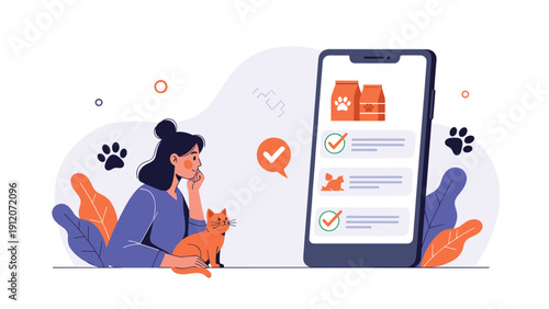 Woman with orange cat looking at pet food shopping list on large smartphone screen representing convenient online pet supply store.