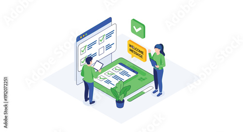 An isometric illustration showing a team working on an online survey or registration form, symbolizing a successful user onboarding process.