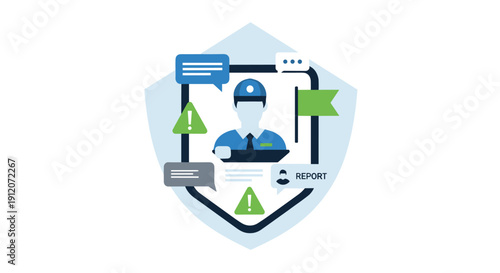 A security officer's profile is inside a shield, representing digital identity protection, incident reporting, and safety alert management.