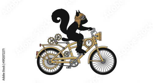 A steampunk squirrel confidently rides a detailed golden vintage bicycle