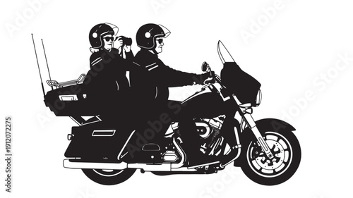 Motorcycle illustration featuring two riders on a tour, riding in profile view, showcasing vehicle details and travel gear