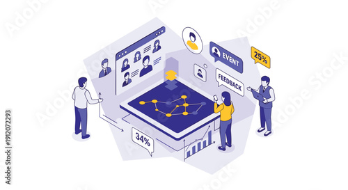 An isometric illustration showing a team analyzing event feedback and user engagement data on a large interactive digital platform.