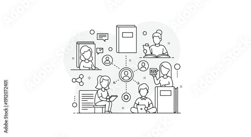 A black and white line art illustration representing a network of people engaged in e-learning, reading, and digital communication.