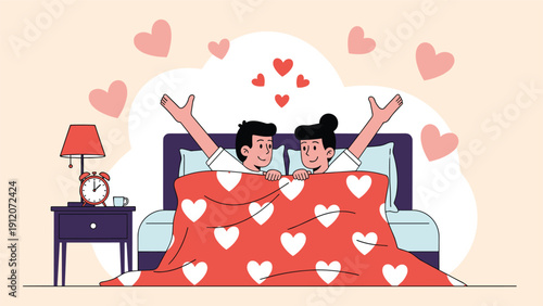 Romantic couple wakes up happily in bed together under a red heart-patterned blanket surrounded by many floating hearts.