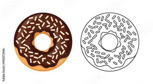 A colorful chocolate donut with sprinkles alongside its black and white outline