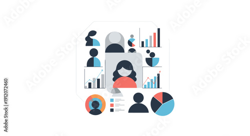 A central user profile surrounded by various pie charts and bar graphs, representing demographic data analysis and customer segmentation.