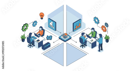 Isometric illustration of two separate teams collaborating and sharing ideas and data through a central digital hub for efficient workflow.
