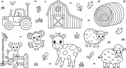 Cute black and white farm animals, tractor, barn, fence, and nature elements line art for children's coloring pages, educational materials