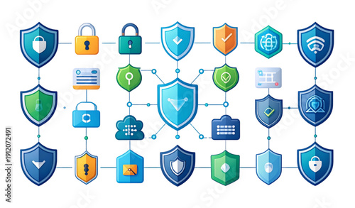 Cybersecurity and data protection symbol collection vector illustration
