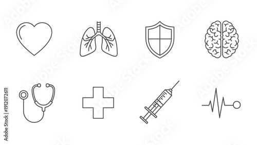 Medical Icons Set: Heart, Lungs, Brain, Stethoscope, Shield, Syringe, ECG
