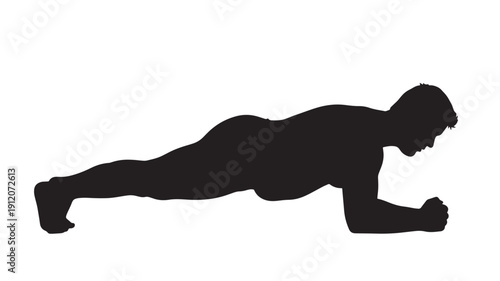 A man in a plank position is exercising, demonstrating strength and fitness in a simple black silhouette on a plain background from a side viewpoint.