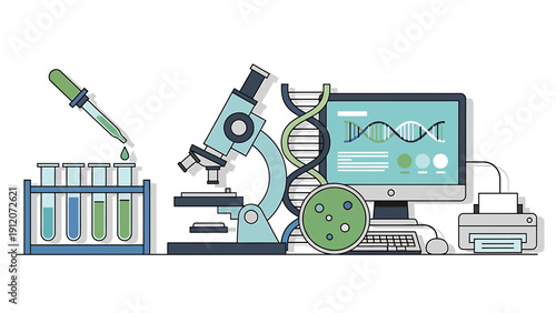 Modern Science Lab Equipment: Microscope, DNA, Computer, Test Tubes