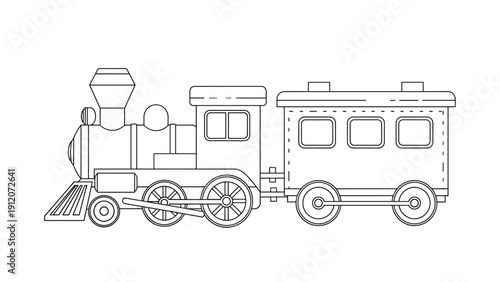 Classic steam train locomotive and a single passenger carriage are presented in a clean black and white line art illustration.