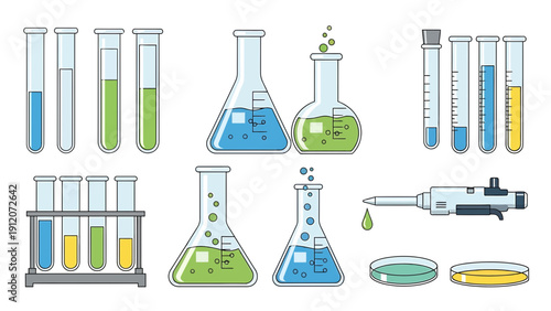 Science Laboratory Equipment: Test Tubes, Flasks, Pipette, Petri Dishes