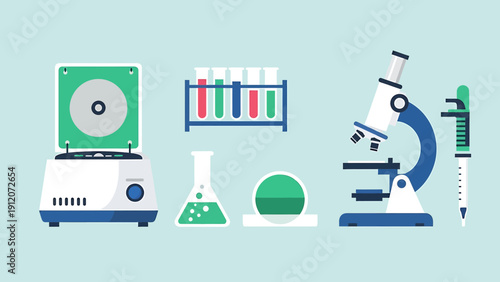 Scientific Laboratory Equipment Set: Microscope, Centrifuge, Test Tubes, Flask