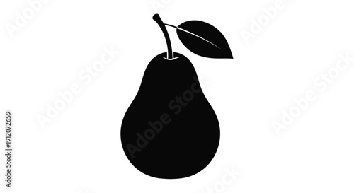 Simple black silhouette of a pear with a single leaf and stem