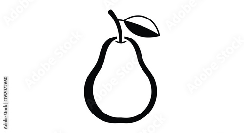 Simple black and white illustration of a single pear with a leaf