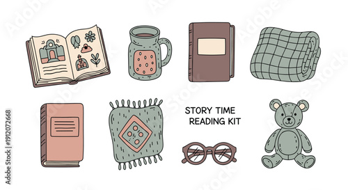 A cozy story time reading kit with hand-drawn illustrations of books, blankets, a teddy bear, glasses, and a warm drink.