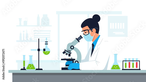 Scientist in Lab Coat Using Microscope for Research