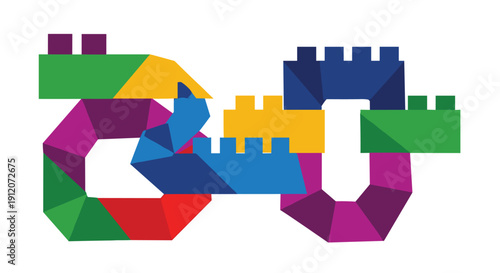 An abstract geometric design of a castle or fort made from colorful, interlocking, low-poly building blocks, representing creativity and play.