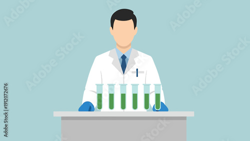 Scientist in Lab Coat with Test Tubes Full of Green Liquid