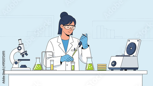 Scientist Pipetting Liquid in Laboratory with Equipment