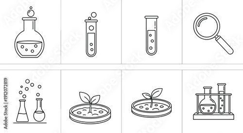 A set of black and white line art icons for a science laboratory, including beakers, test tubes, a magnifying glass, and plants in petri dishes.