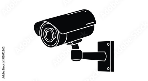 A black and white silhouette of a modern security camera on a wall