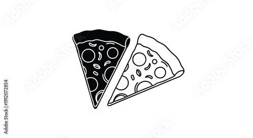 Two pizza slices one with pepperoni and one plain in black and white