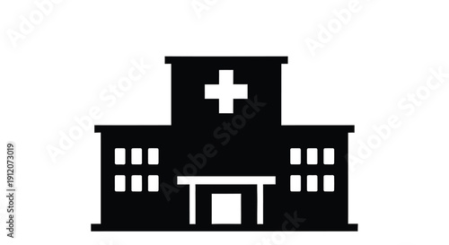 Simple black icon depicting a hospital building with a cross symbol on top