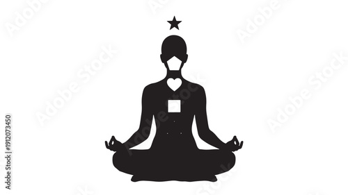 A serene woman meditating in lotus position with star above her head in a peaceful environment from a front viewpoint